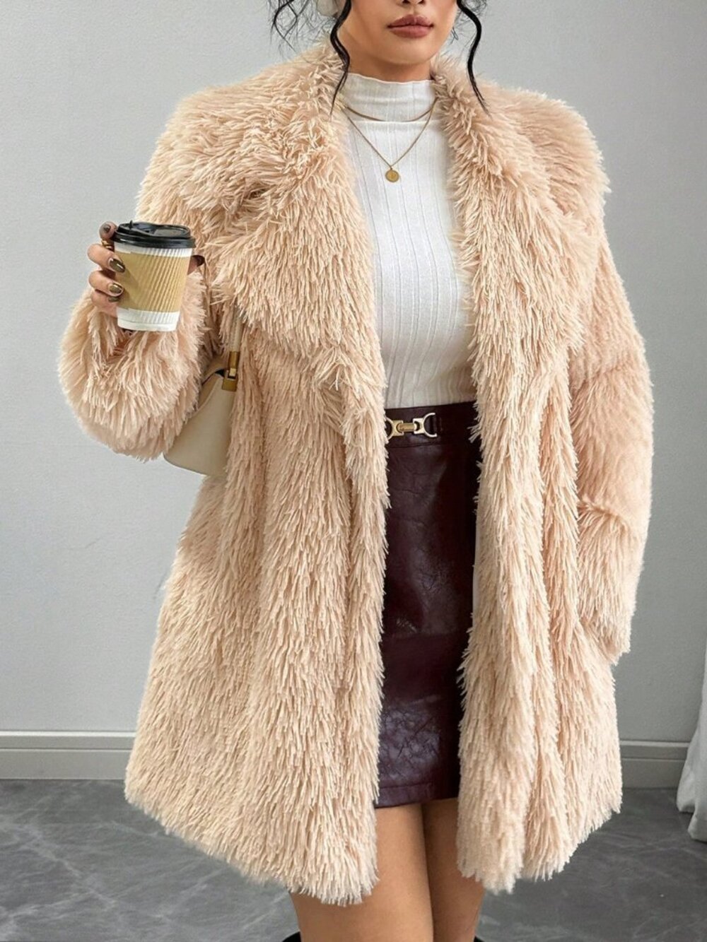 Tan Casual Women's Plus Size Faux Fur Coat
